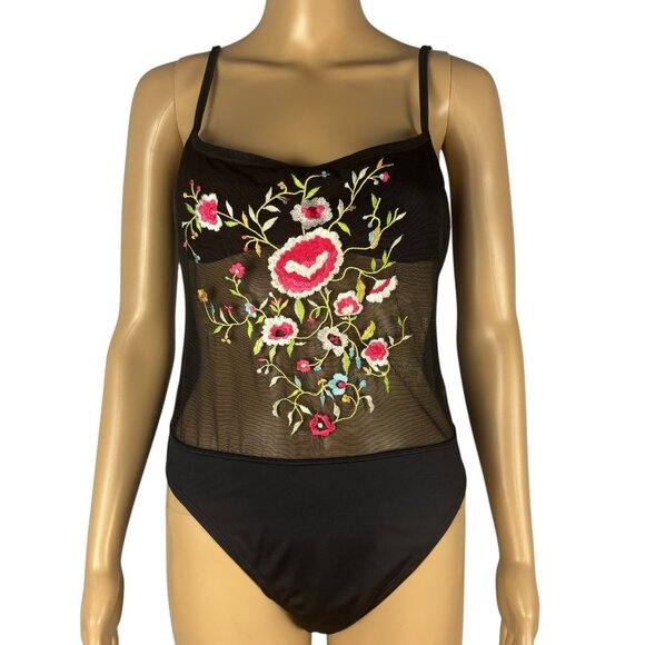 Victoria Secret vintage Bodysuit Black Micro Mesh Embroidery Swimwear  Open Back - Picture 5 of 16